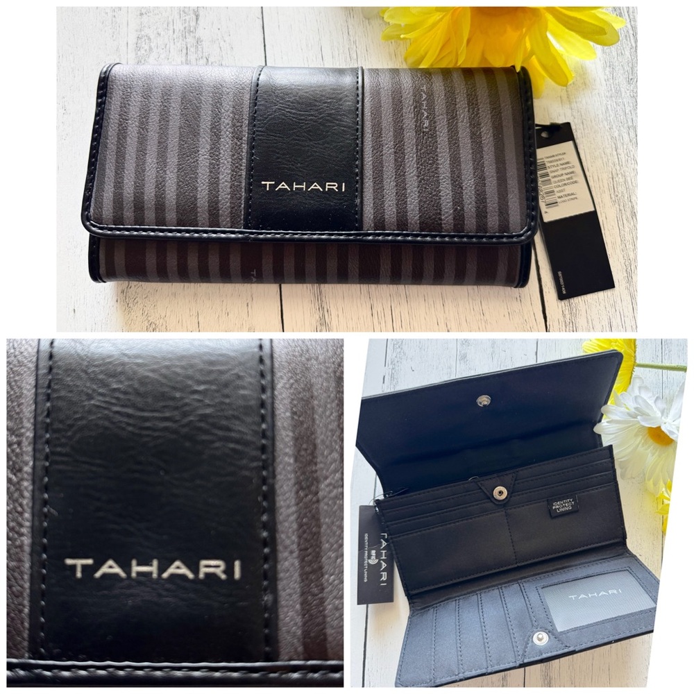 NWT Tahari Black Gray Stripe Tri-Fold Snap Wallet